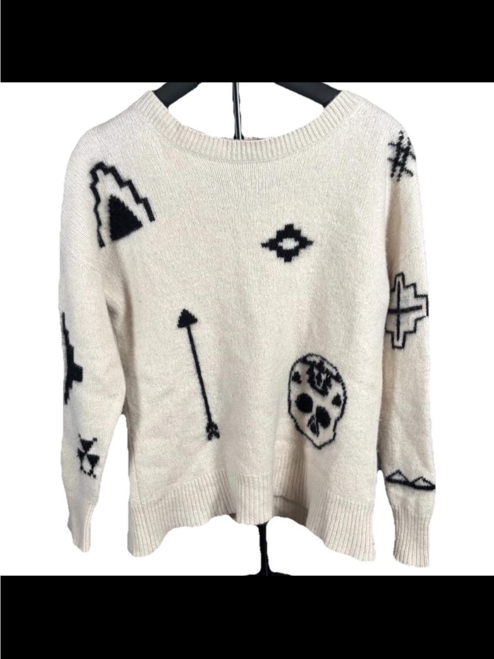 Skull Cashmere Ivory Crewneck Sweater with Black Graphic Motifs - Picture 1 of 5